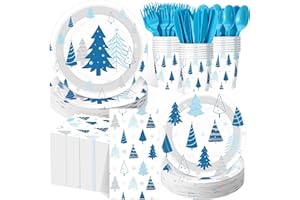Pickmesh 400 Pcs Christmas Party Supplies Blue Silver Xmas Tree Snowflake Disposable Paper Plates Napkins Cups Cutlery for Winter Xmas Christmas Birthday Party Table Decorations Serve 50