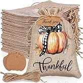 Wesnoy 50 Pcs Thanksgiving Burlap Gift Bags with Drawstring and 50 Pcs Tags 5x7 Autumn Fall Pumpkin Treat Bags Harvest Candy Goodies Sacks for Thanksgiving Party Favor DIY(Orange Pumpkin)