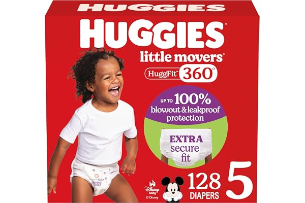 Huggies Size 5 Baby Diapers, Little Movers HuggFit 360° Baby Diapers with 360° Waistband, Size 5 (27+ lbs), 128 Count, Packag