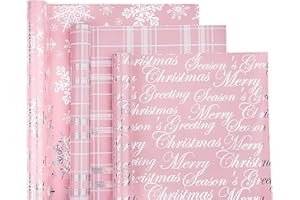 WRAPAHOLIC Christmas Wrapping Paper Roll - Mini Roll - 3 Rolls - 17 Inch X 120 Inch Per Roll - Pink with Silver Metallic Foil Snowflake, Plaid, Merry Christmas Lettering