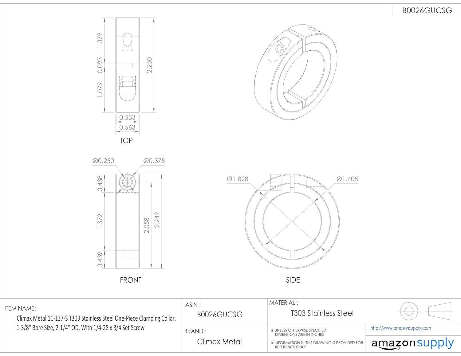 1 3 8 Bore Size Climax Metal 1c 137 S T303 Stainless Steel One Piece Clamping Collar 2 1 4 Od With 1 4 28 X 3 4 Set Screw Business Industrial Industrial Scientific Nusswahn De