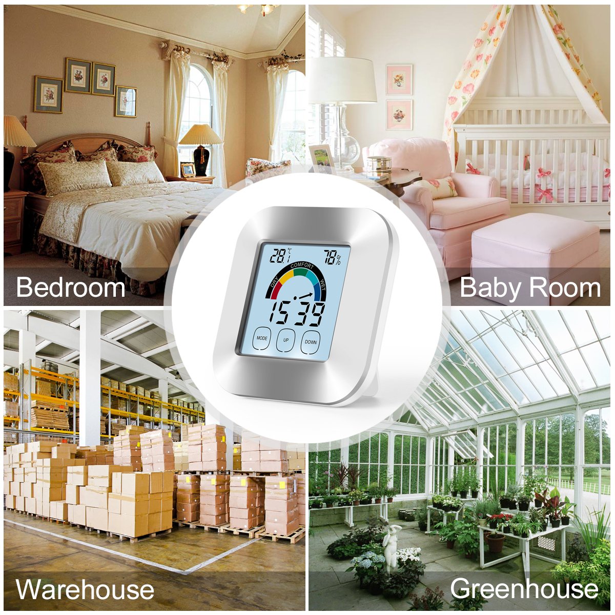 Indoor Hygrometer Thermometer,Digital Humidity Monitor with Temperature Gauge & Touch Screen Backlight Timer Electronic Alarm,Multifunctional Weather Station Monitor Sensor Room Thermometer for Home