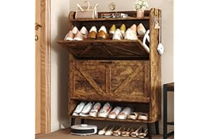 HOMEFORT Shoe Storage Cabinet for Entryway, 30" Freestanding Organizer with Two Flip Drawers, Narrow Hidden Shoe Rack with Wood Legs, Farmhouse Shoe Cabinet for Front Door Entrance,Rustic Brown