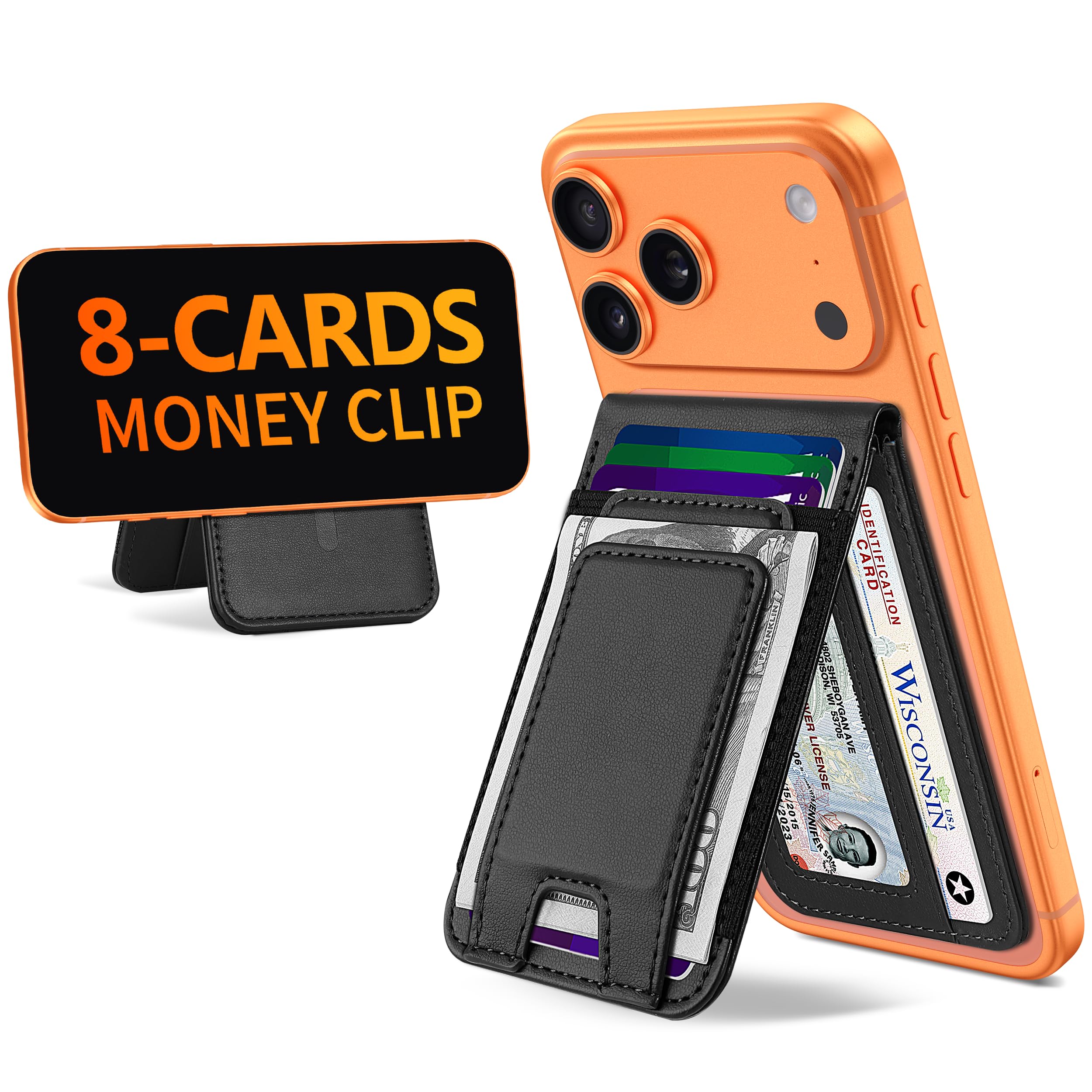 TopMade for MagSafe Wallet with Money Clip, Strongest Magnetic Card Holder for iPhone 17/16/15/14/13/12 Series, for iPhone Wallet with Adjustable Stand, ID Window, RFID Blocking, Black