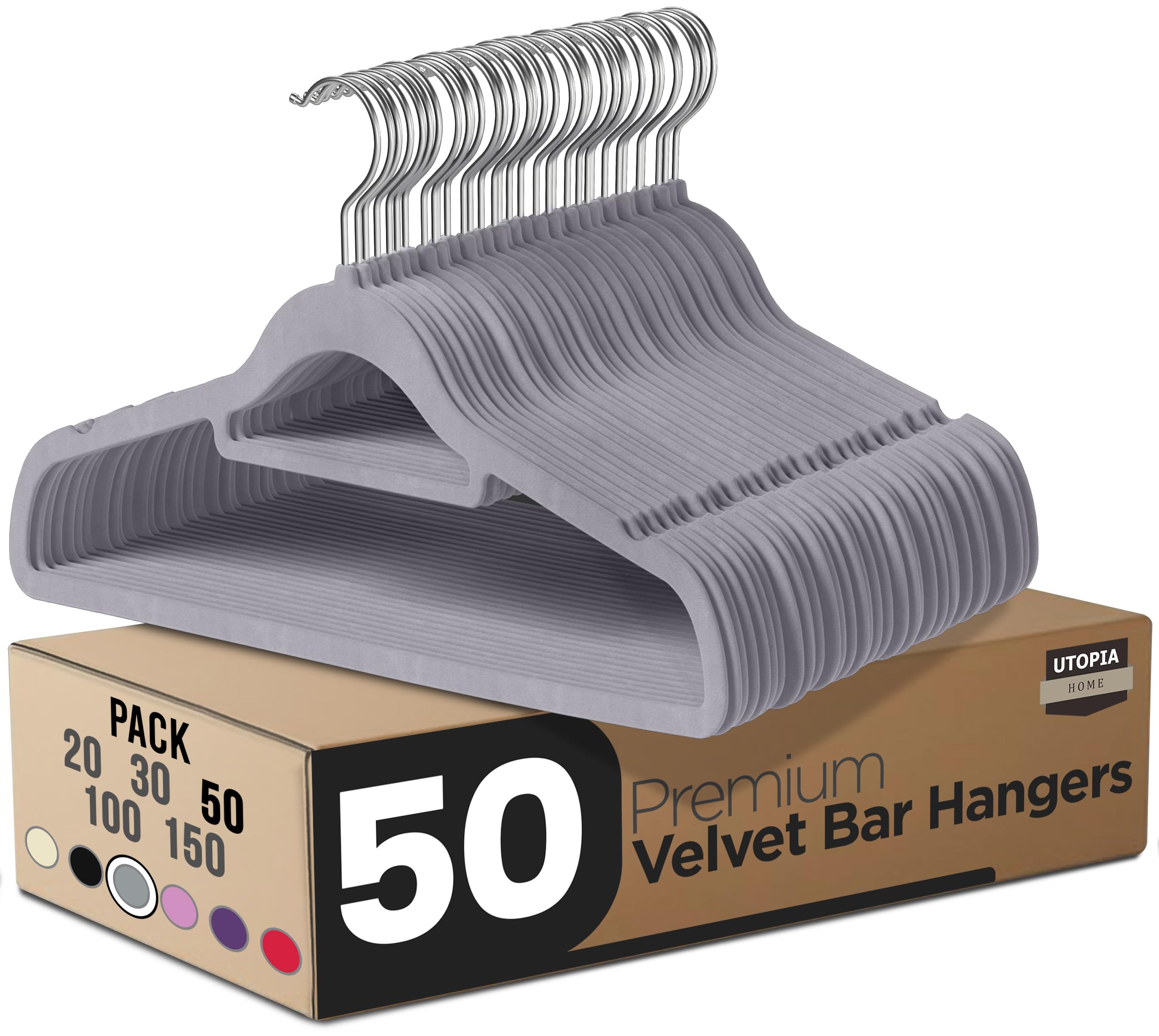 Utopia Home Pack of 50 Velvet Suit Hangers with Tie Bar - Heavy Duty Non-Slip Premium Hangers for Adult Clothes - 360 Degree Swivel Hook, Grey