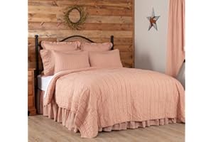 VHC Brands Sawyer Mill Red Tan Quilt Coverlet Cotton Farmhouse Ticking Stripe King Bedspread 105x95 Bedding Accessory