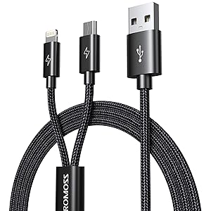 Romoss Multi USB Charging Cable - 5FT Nylon Braided 2 in 1 Fast Charger Micro USB Cable Compatible for iPhone, iPad, Airpods Earphone, Samsung Galaxy S7 J7 Note 5, Kindle, Fire Tablets and PS4