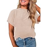 EVALESS Short Sleeve Shirts for Women Casual Spring Summer Tops Ribbed Knit Striped Womens Tops Crewneck Loose Fit T Shirts