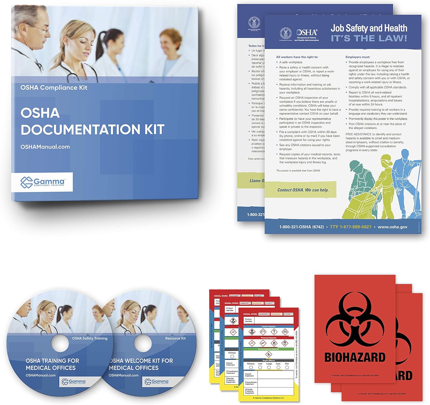 2020 OSHA Training Package for Medical Offices Including Regulations and Standards Manual (hardcopy) + Safety Policies and Forms (hardcopy and CD) + Training CD + Resource CD + Posters + Labels