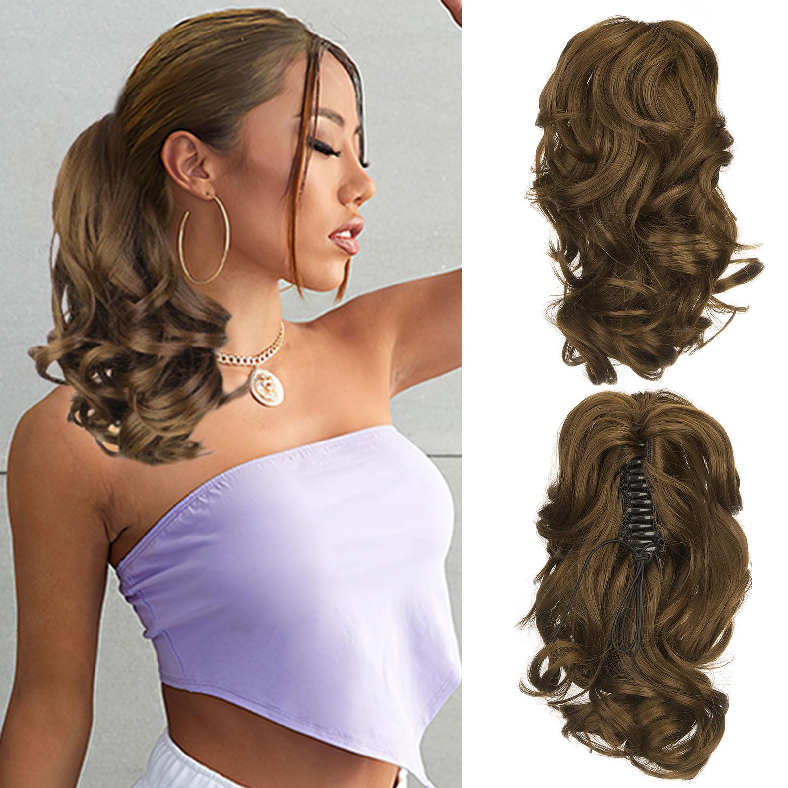 Cybelleza 14 inch Ponytail Hair Extension Curly Wavy Claw Jaw on Long Short Cute Pony Tails Clip in Hair Extensions Ponytail Hairpieces Synthetic for Women, Ash Brown — image 1