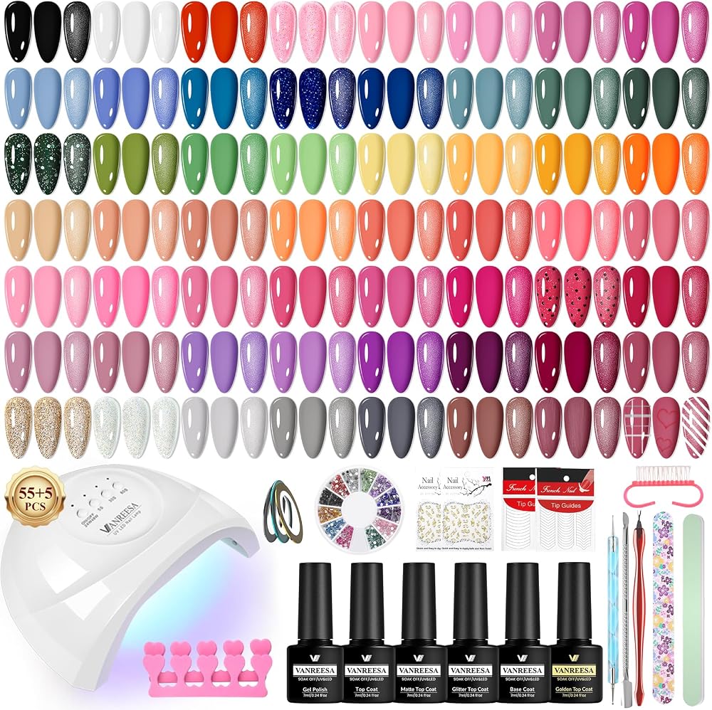 VANREESA Gel Nail Polish Set 77 PCS UV Lamp 55 Colors Base Top Coat Kit