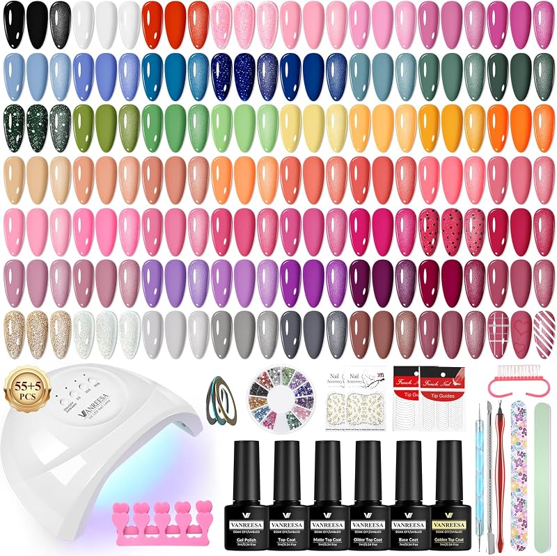 VANREESA Gel Nail Polish Set 77 PCS UV Lamp 55 Colors Base Top Coat Kit
