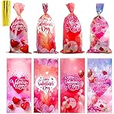 SHBLOMK 100 Pack Valentine Cellophane Treat Bags, Goodie Candy Bags, Red Heart Cello Gift Bags with 100pcs Twist Ties for Valentines, Wedding, Party Supplies