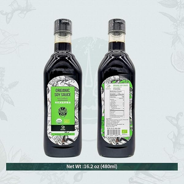 SOEOS SOY SAUCE LOW SODIUM, 16.2OZ (480ML) 1 PACK, USDA ORGANIC SOY SAUCE, PREMIUM QUALITY DARK SOY SAUCE, PURE INGREDIENTS, MARINADE FOR MEAT & VEGETABLES, BLACK