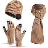 LOKZEER Winter Hat Scarf Gloves Set - Knit Beanie with Fleece Lining, Touchscreen Gloves, Thick Scarf Gift for Cold Weather