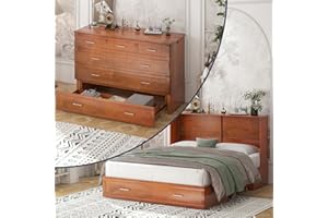 ZAFLY Murphy Cabinet Chest Bed, Elegant Queen Size Wall Bed with Charging Station, Storage Drawer, Solid Wood Frame and Folding Mattress, Ideal for Small Space and Guest Room -A (Burnt Orange)