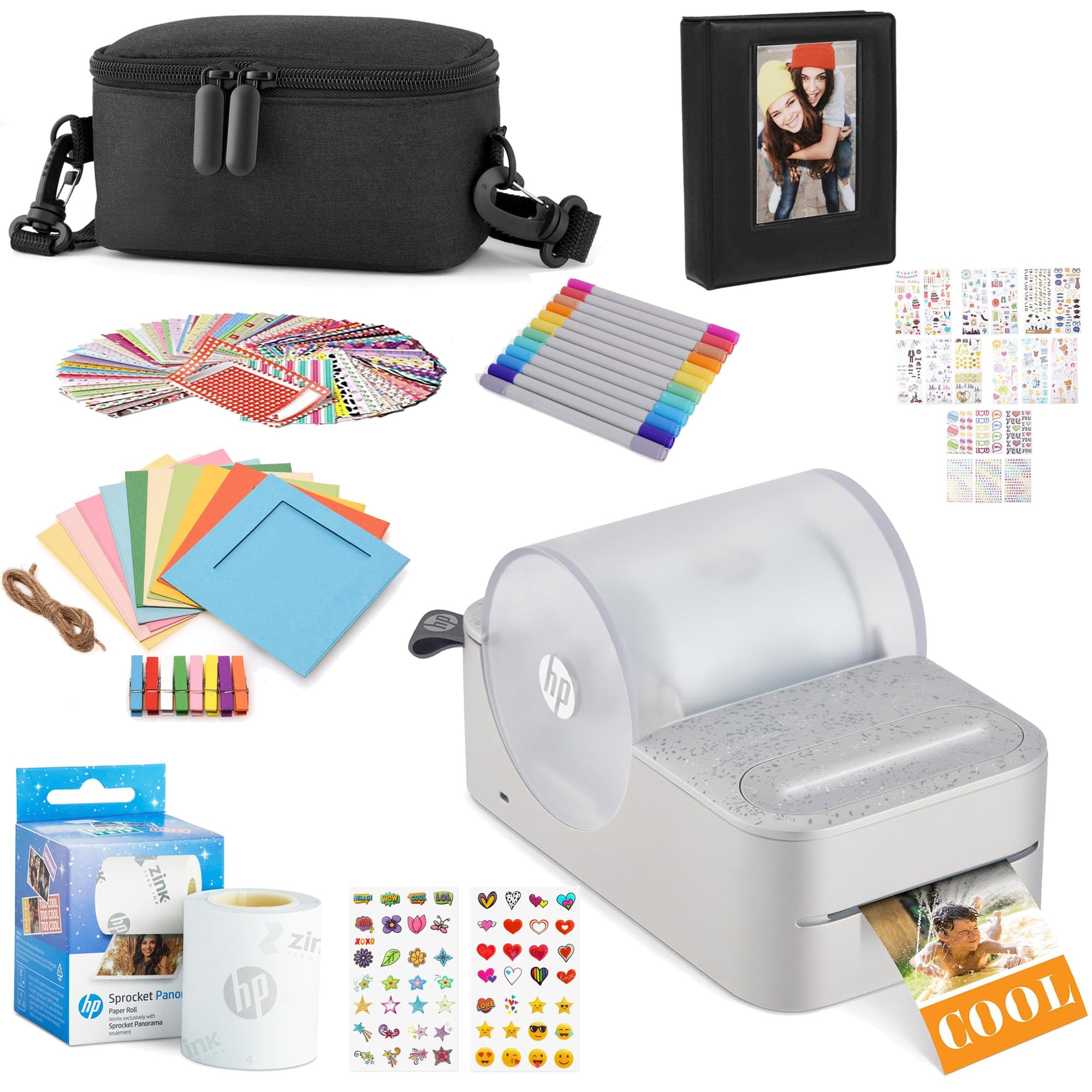 HP Sprocket Panorama Instant Portable Color Label & Photo Printer (Grey) Gift Bundle with case, Zink roll, Photo Album, Markers, Stickers and Frames