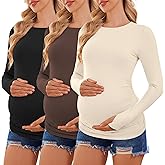Ekouaer Womens 3 Pack Long Sleeve Maternity Shirts Crew Neck Pregnancy Clothes Side Ruched Workout Tops Casual T-Shirt S-XXL