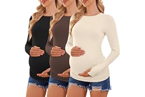 Ekouaer Womens 3 Pack Long Sleeve Maternity Shirts Crew Neck Pregnancy Clothes Side Ruched Workout Tops Casual T-Shirt S-XXL