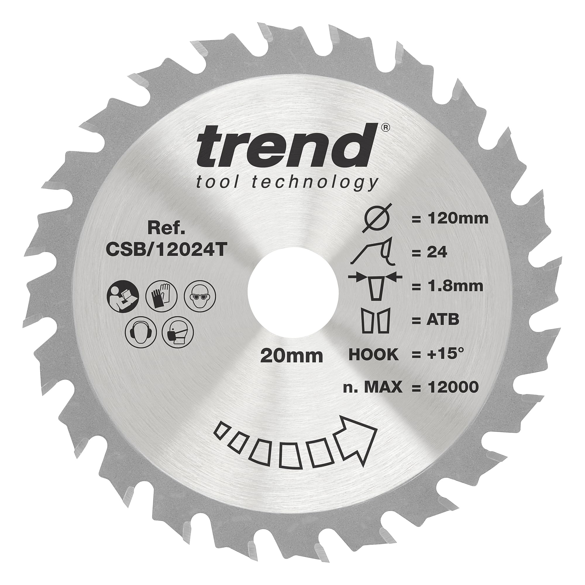 Trend Wood Cordless Circular Saw Blade, 120mm Diameter, 20mm Bore, 24 Teeth, 1.8mm Kerf, +15° Hook, TCT, Medium Finish, CSB/12024T