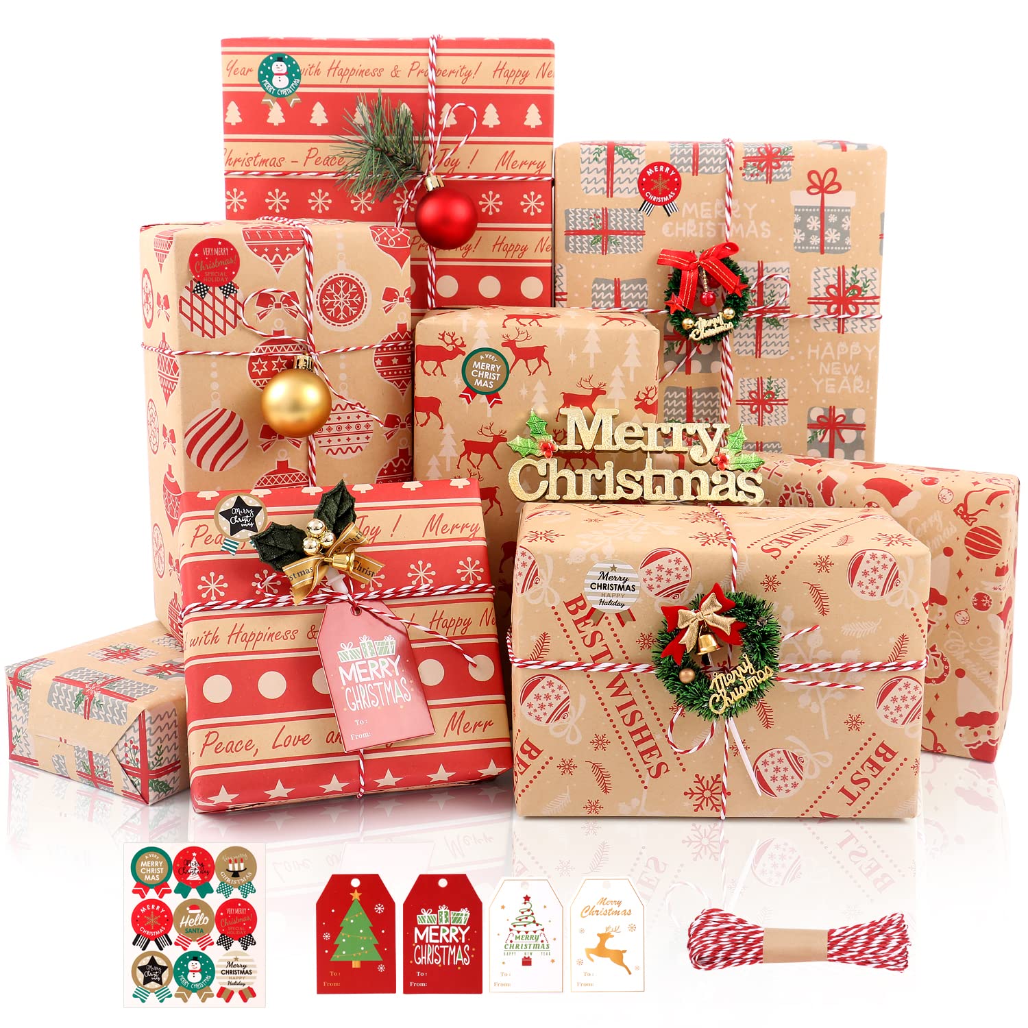 Christmas Wrapping Paper, 8 Sheets Brown and Red Kraft Christmas Wrapping Paper Set for Men Women, Vintage Gift Wrap Paper for Xmas New Year Winter Holiday Party - Includes Stickers Tags, 50x70CM