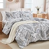 Cozaline Grey Blue Paisley Comforter Set King Size 3 Pieces 100% Cotton Boho Paisley Pattern Bedding Set All Season Soft Cotton Lightweight Reversible Comforter