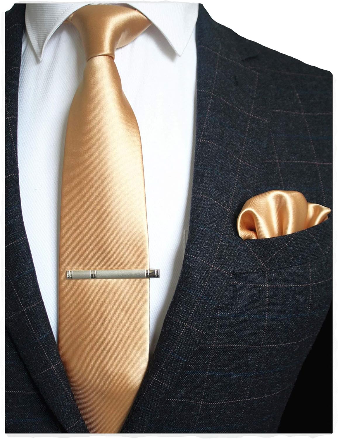 JEMYGINS Mens Formal Gold Necktie and Pocket Square, Hankerchief and Tie Bar Clip
