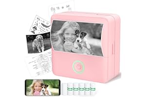 ADBAOBO Mini Sticker Printer, Pocket Thermal Printer with 6 Roll Papers, Notebuddy Portable Printer for Study Notes, DIY, Scrapbook, Journal, Memo, List, Inkless Sticker Printer for Phone&Tablet, Pink