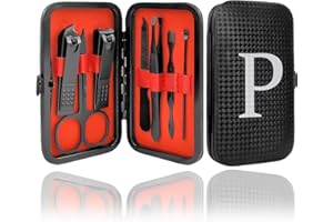 COSHAYSOO Manicure Pedicure Kit Nail Clippers Set 7 in 1 Initial Letter Case Personalized Grooming Travel Gift for Women Men Toenail Fingernail Care Tools Accessories Black P
