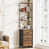 AFLUI Corner Shelf Stand, Corner Bookshelf with 3 Fabric Drawers, Tall Narrow Corner Shelf Unit with 4 Display Shelves for Li