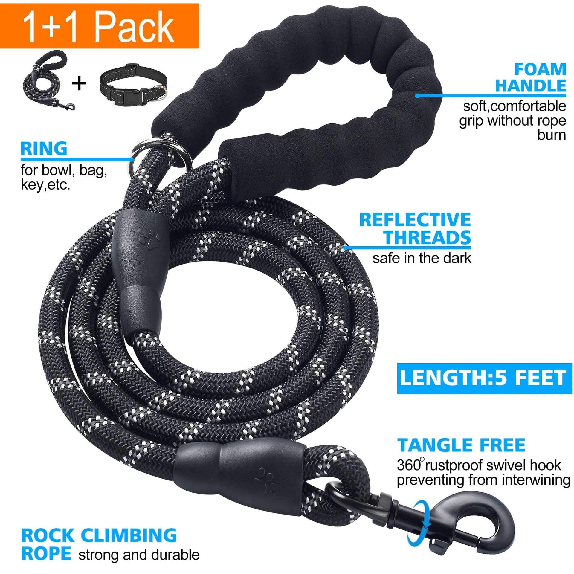 Photo 1 of 5 Ft Dog Collar and Leash Set, Adjustable Pet Collars with Detachable Bell, Safety Buckle for Small to Medium Dogs, Ideal for Walking & Training,XL,Black Set