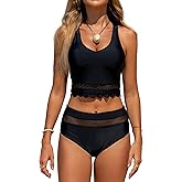 Beachsissi High Waisted Swimsuits for Women Scalloped Mesh Patchwork Bikini Sets Tankini Sets Tummy Control