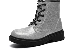 HIKLDK Girls Boots Glitter Combat Boot Winter Waterproof Side Zipper Lace-up Walking Shoes for Toddlers Little Kid szie