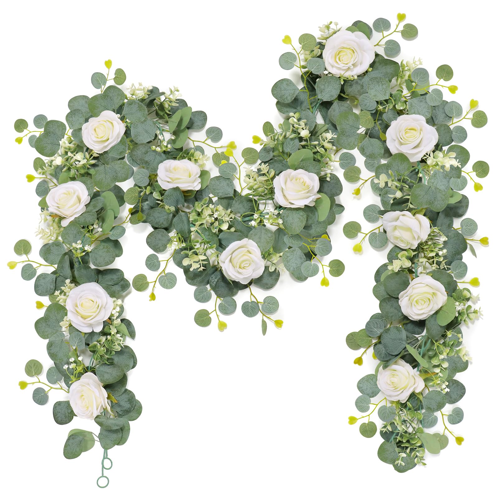 Dremisland 2PCS/12 FT Artificial Eucalyptus Flower Garland Spring Decor White Rose Fake Flowers Outdoor Greenery Fake Eucalyptus Garland Hanging Wisteria Faux Vines for Wedding Table Runner Backdrop