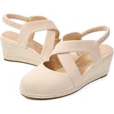 HARENCE Espadrilles Wedge Sandals for Women: Comfortable Closed Toe Ankle Strap Elastic Shoes Summer Dressy Platform Heels