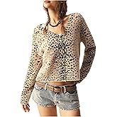 BEAUDRM Women's Cheetah Cardigan Sweater Y2K Leopard Print Fuzzy Crop Cardigans Button Front Long Sleeve Outwear Knit Top