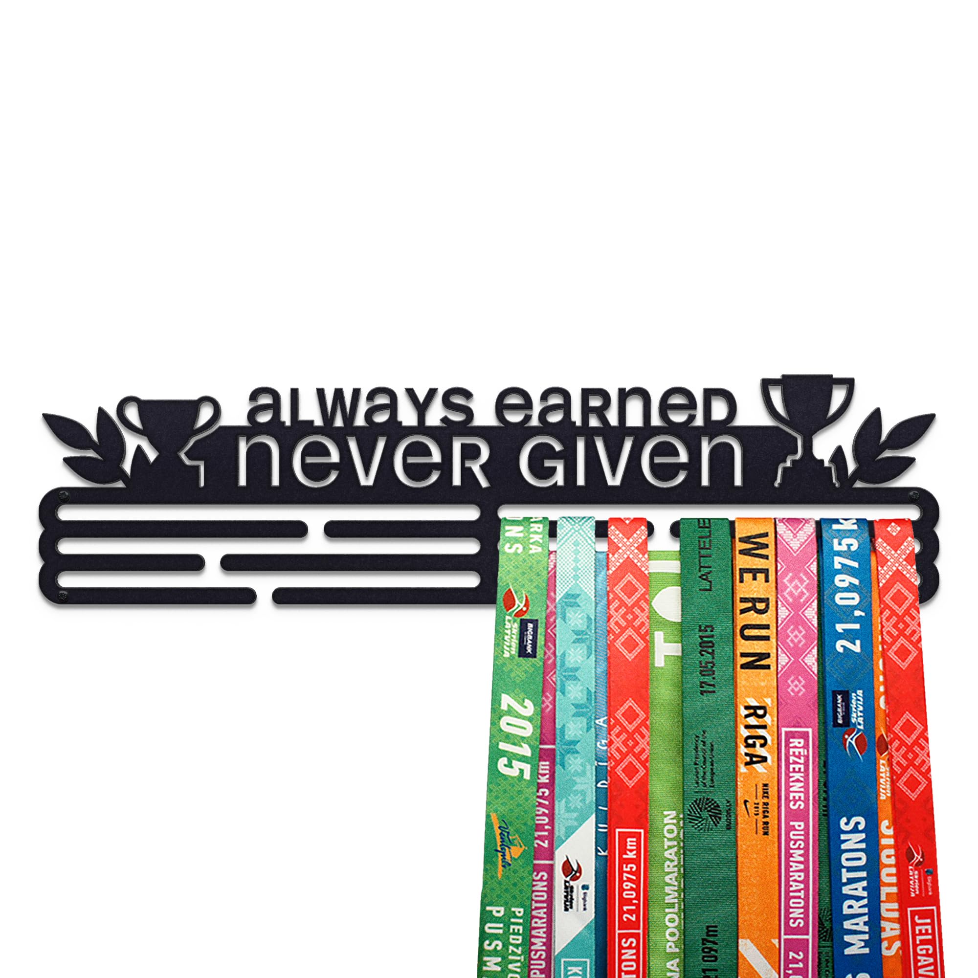 United Medals ALWAYS EARNED NEVER GIVEN Sport Medal Hanger Display | Matte Black Steel Medal holder | Awards display rack for up to 48 medals