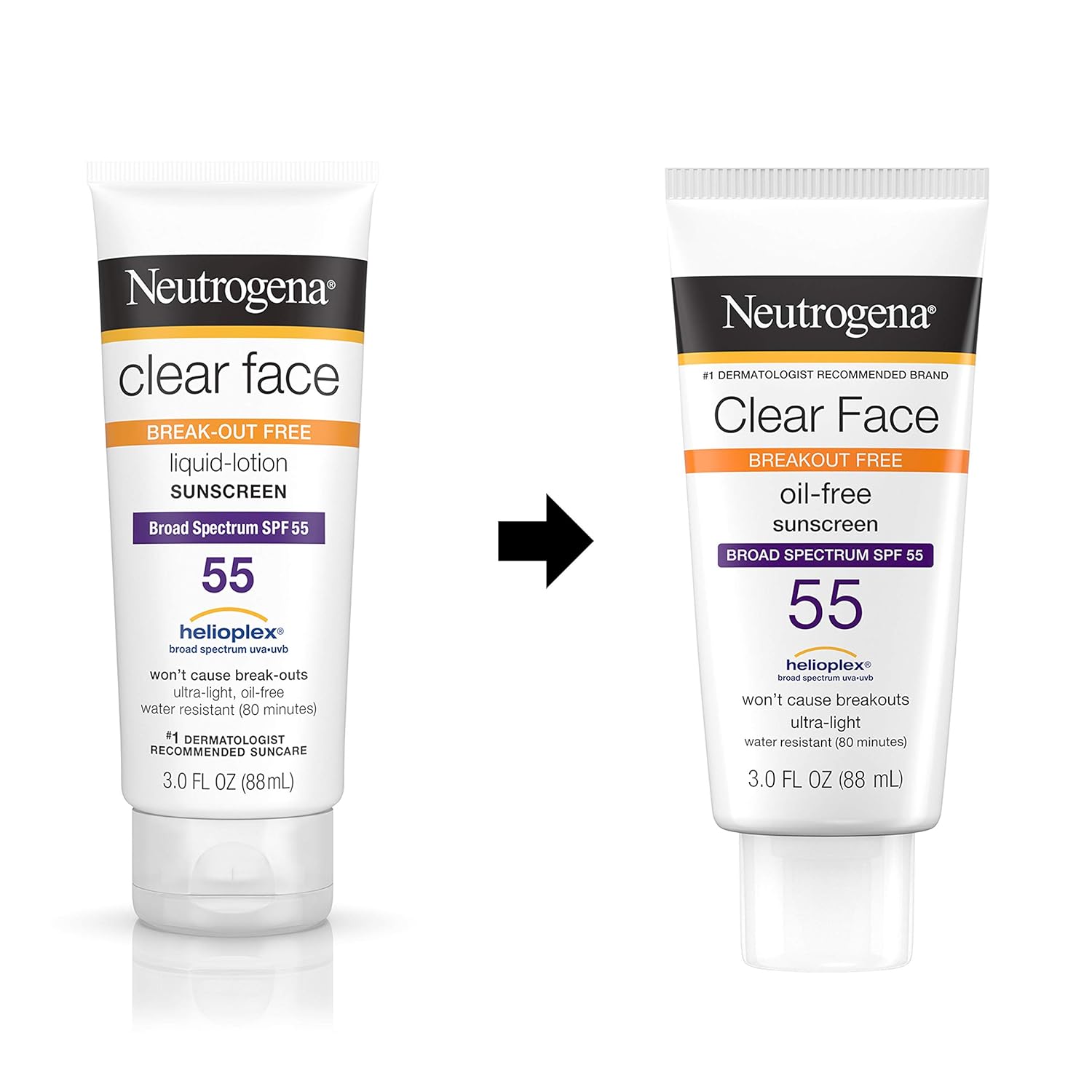 Neutrogena Clear Face Liquid Lotion Sunscreen for Acne-Prone Skin, Broad Spectrum SPF 55 with Helioplex Technology, Oil-Free, Fragrance-Free & Non-Comedogenic, 3 fl. oz: Beauty