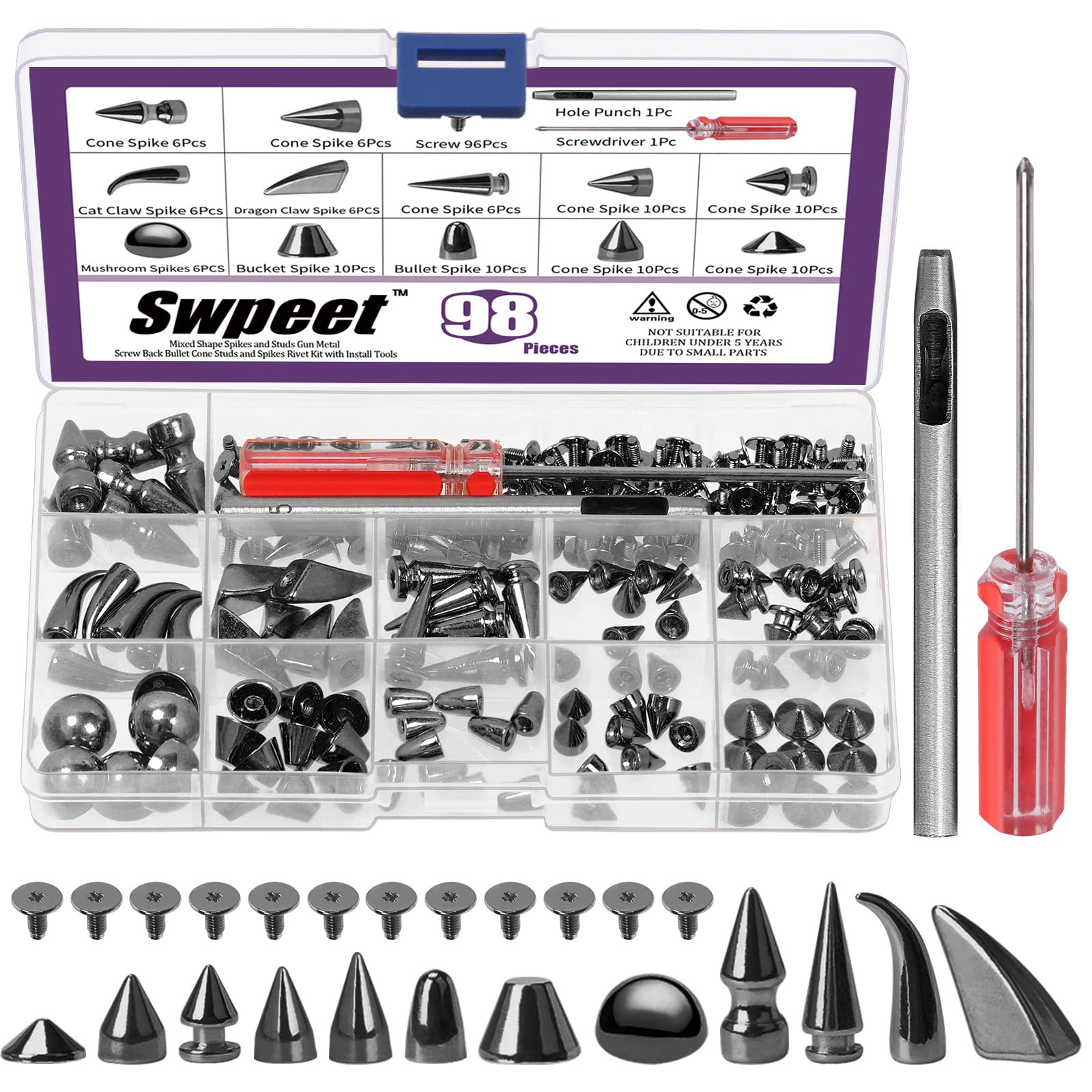 Swpeet 98Pcs Mixed Shape Spikes Screwback Studs Rivets Kit (Gun)