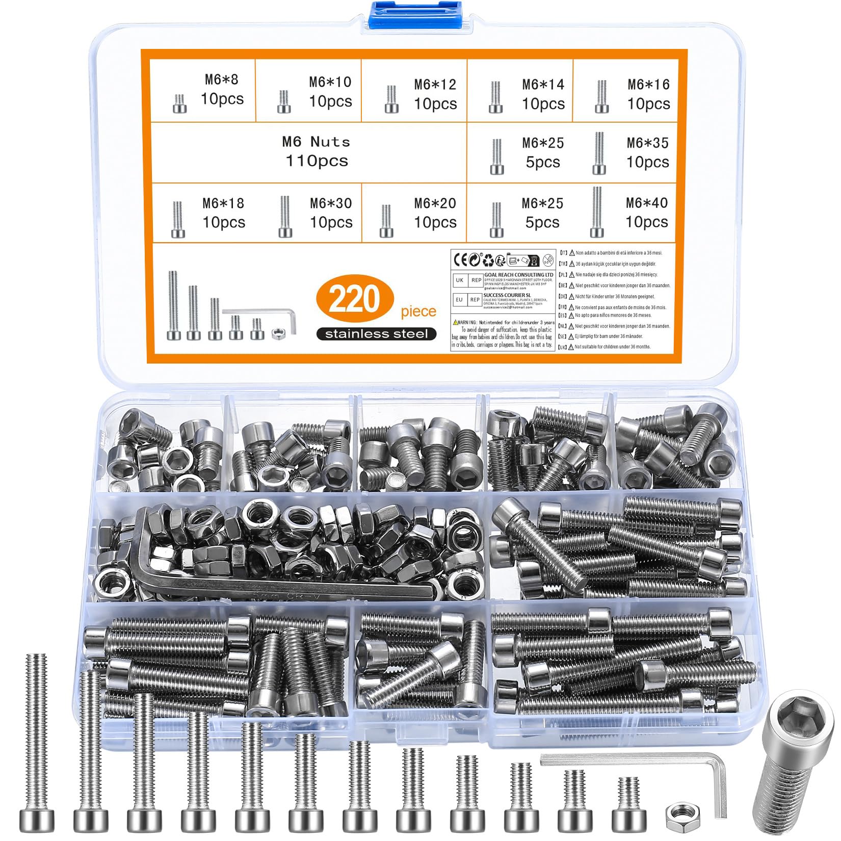 220 Pcs M6 Bolts and Nuts Sets, 304 Stainless Steel Hex Socket Button Head Cap Screws Bolts Nuts Assortment Kit, Hex Socket Machine Screws with 2 Pcs Wrenches