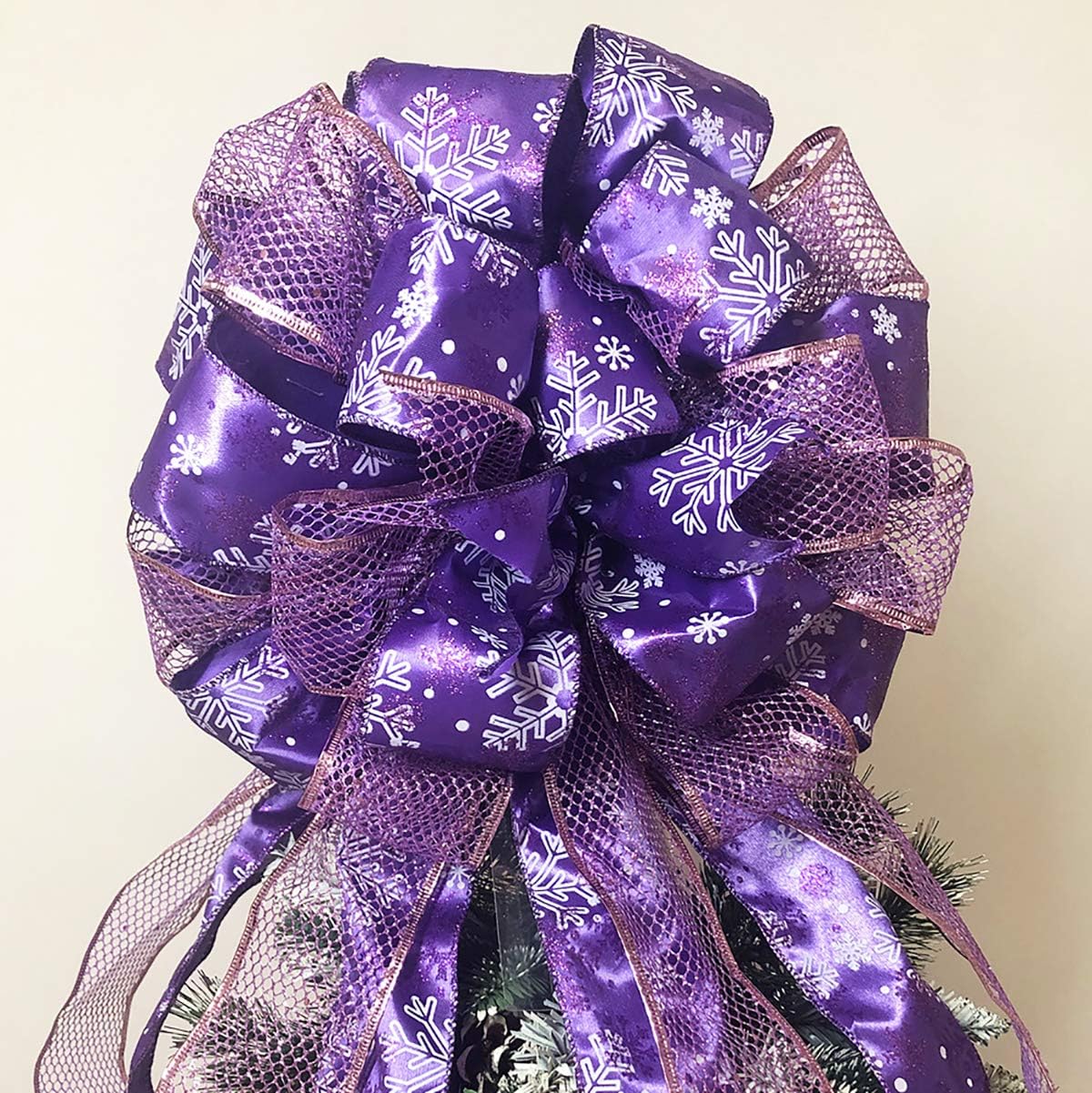 Tree Toppers - Flash World Christmas Tree Topper,27x12 Inches Large Toppers Bow with Streamer Wired Edge for Christmas Decoration （Purple）