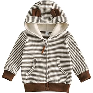 Girditemo Toddler Baby Boy Fall Winter Zipper Jacket Long Sleeve Striped Waffle Knit Bear Hoodie Sweatshirt Outwear Coat