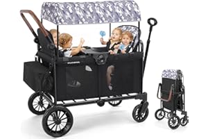 ELEMARA Wagon Stroller 4 Seater, Premium Stroller Wagon for 4 Kids, Foldable All-Terrain Wagon for Kids with Canopy, Adjustable Push/Pull Handles,Convertible High Seat&Organizer, Black+Purple