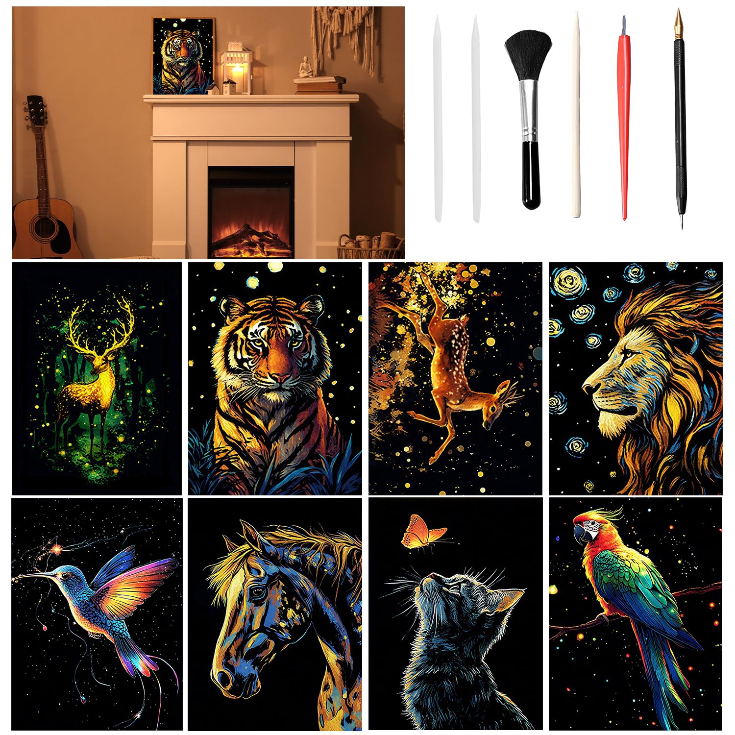 VLYX Scratch Art for Adults and Kids - 8-Piece Luminous Rainbow Scratch Notes Kit with Scratching Tools, Creative Art Supplies Children & Adults(Animal) — image 1