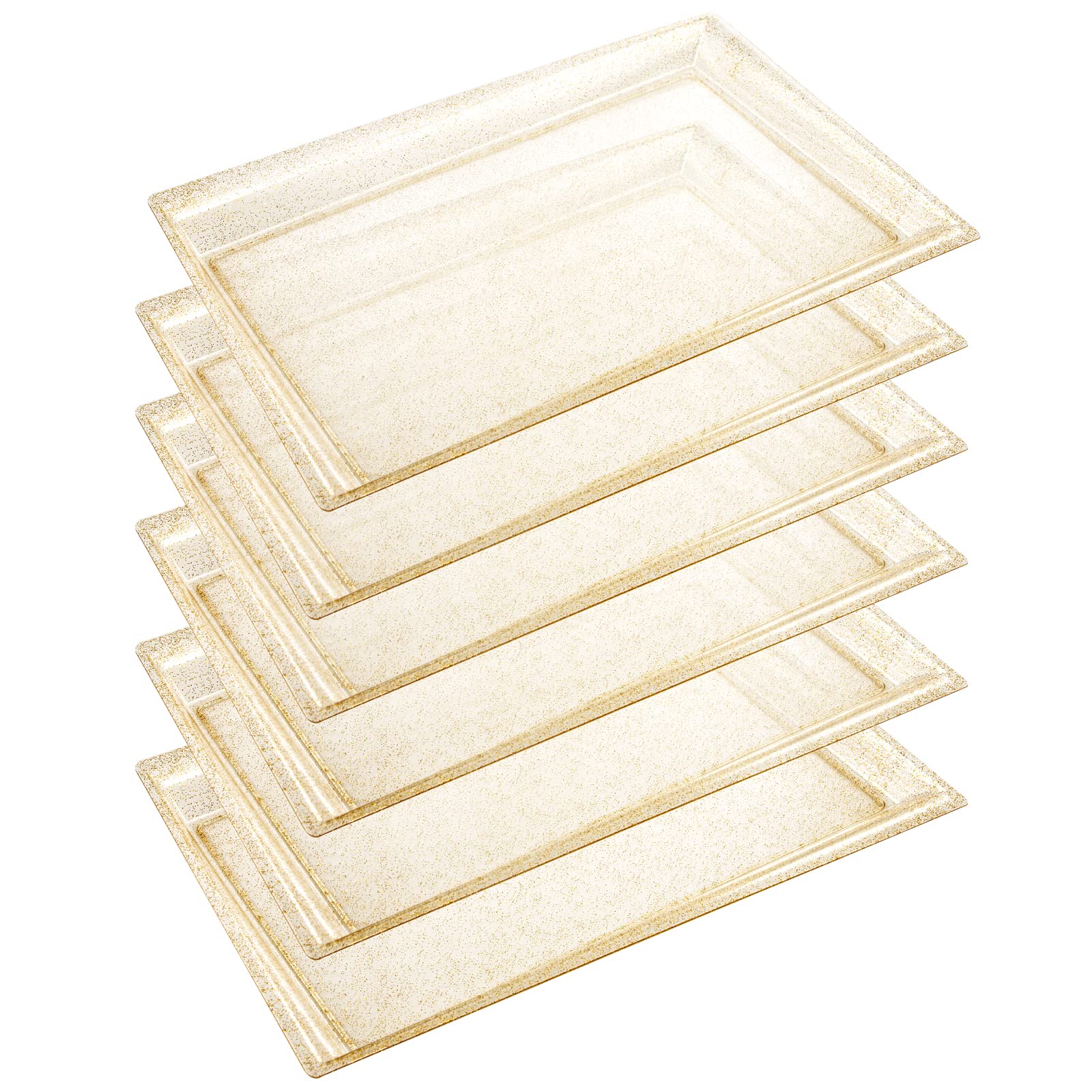 View 1 of (NEW) 6 Pack Gold Glitter Plastic Serving Tray, 15" x 10" Crooked Food Trays, Clear Disposable Serving Platter for Parties, Weddings