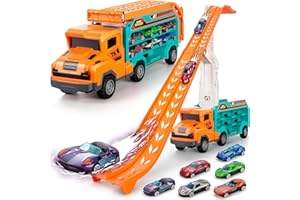 BainGesk Carrier Truck Toys for 2 3 4 5 6 Years Old Boys, 2.8 Ft Race Track Transport Cars with 6 Die-Cast Metal Toy Cars, Birthday Gifts Kids Age 3-5, Racing Toys Gifts for Toddlers