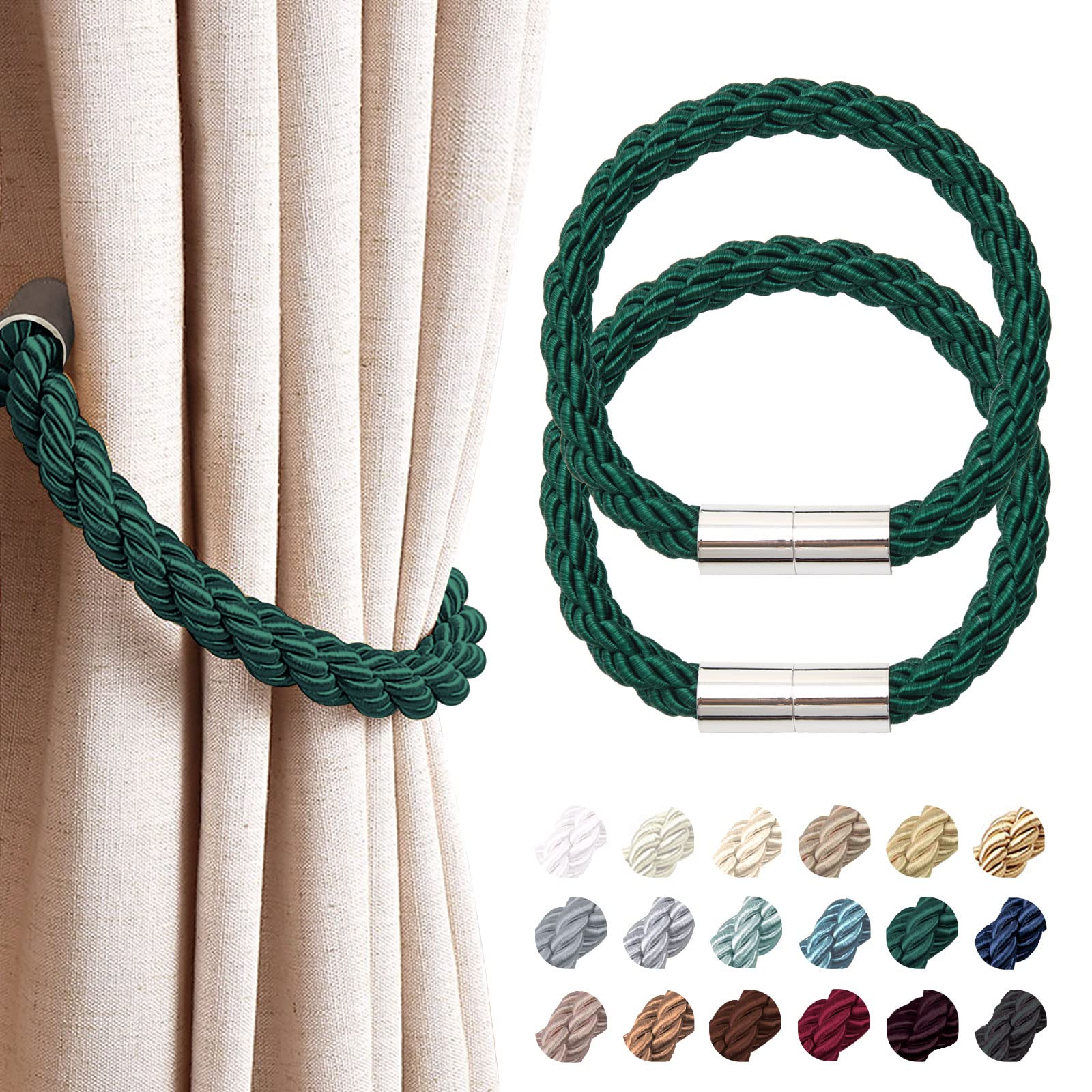 Pretty Jolly 2 Pack Strong Magnetic Curtain Tiebacks Modern Simple Style Drape Tie Backs Convenient Decorative Weave Rope Curtain Holdback for Thin or Thick Home & Office Window Drapery (Green)
