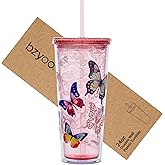 bzyoo Double Wall Tumbler with Straw and Lid Bottle Cold Drink Travel Mug Cup, 24oz (Butterfly Pink)