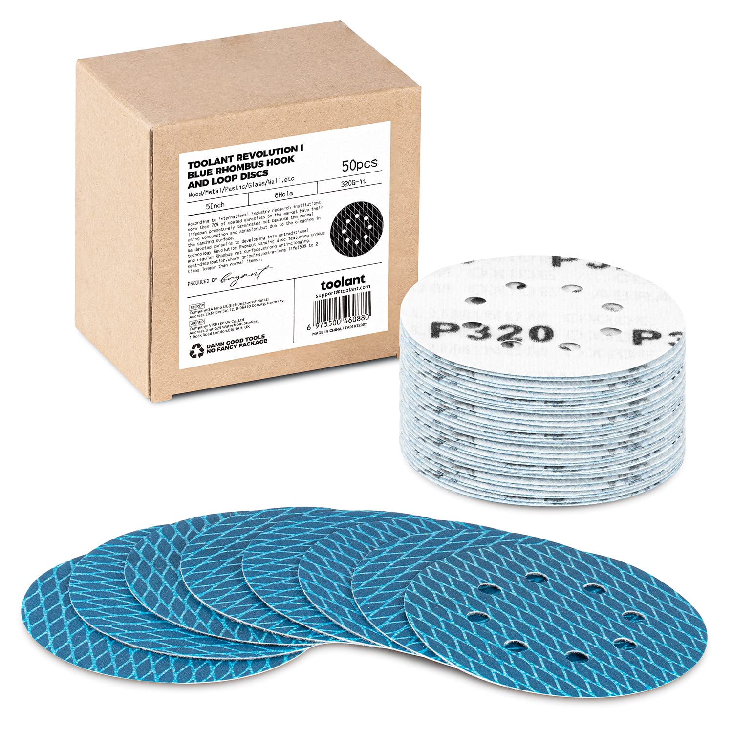 Diamond Shape 5 Inch 320 Grit Sanding Disc, Revolutional Patent 8 Hole Hook and Loop Sanding Discs for Random Disc Sanders & Orbital Sanders - 50 Pack