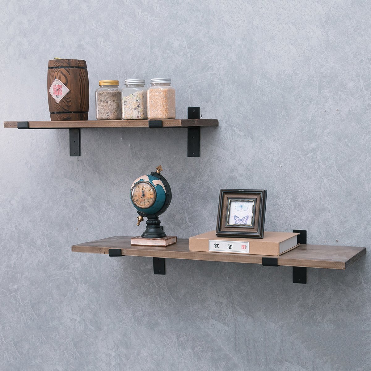 Rustic Floating Wood Shelves Wall Mounted,Industrial Black Metal Wall